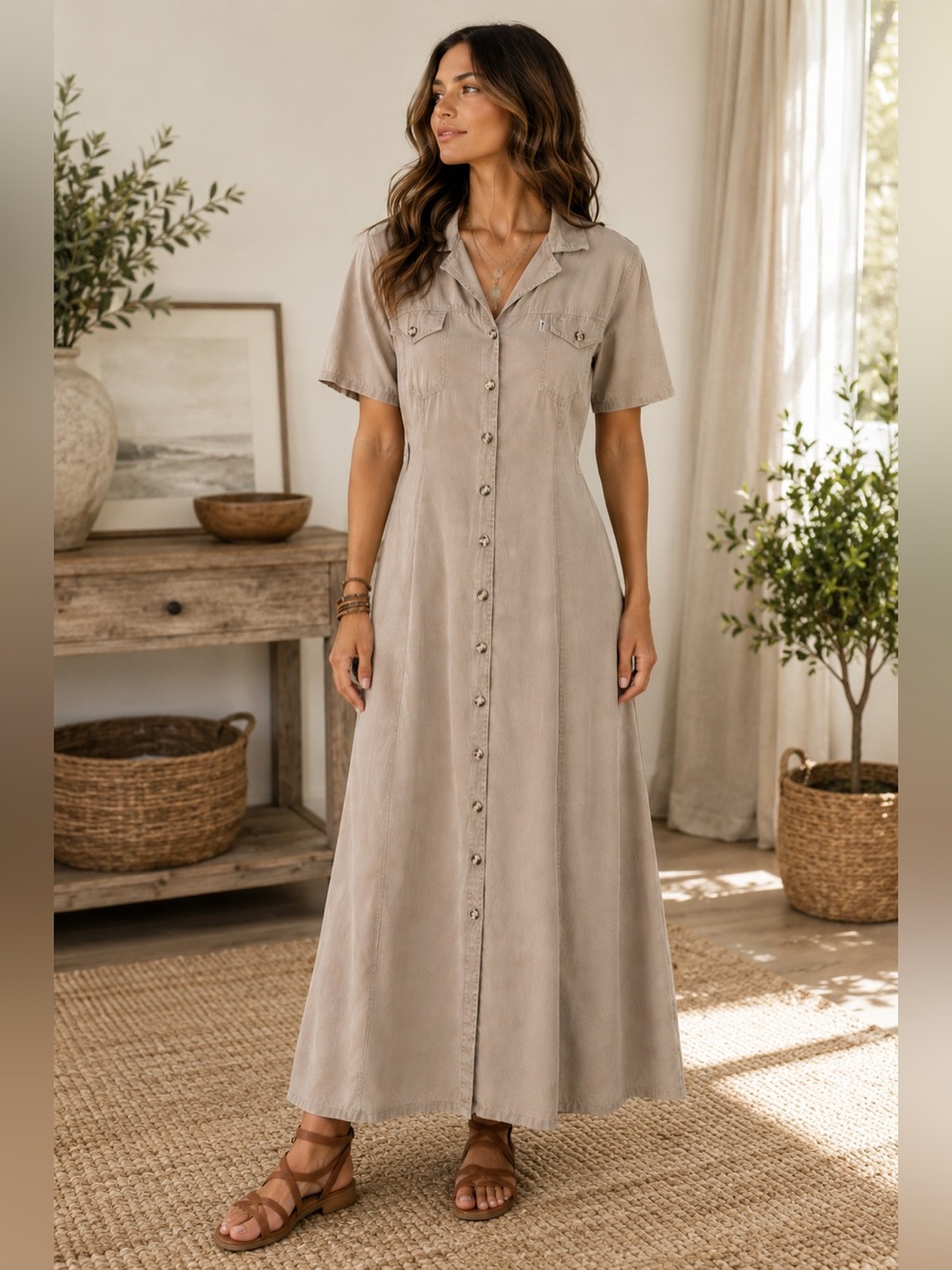 AKS by Amy K Su 100% Tencel Button Front Maxi Shirt Dress Taupe Size 10